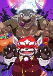  2boys alternate_costume animal_ears bara brown_fur candy character_request claw_pose cosplay cow_ears cow_horns facial_hair food frankenstein&#039;s_monster frankenstein&#039;s_monster_(cosplay) full_moon furry furry_male goatee halloween_bucket halloween_costume highres horns lollipop looking_at_viewer male_focus mature_male minotaur moon multiple_boys muscular muscular_male purple_eyes purple_horns shennong_(housamo) short_hair sideburns tokyo_afterschool_summoners white_hair yanai_inaya 