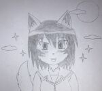  1girl animal_ears azumanga_daioh azumanga_daioh&#039;s_school_uniform full_moon furrification furry furry_female graphite_(medium) kagura_(azumanga_daioh) moon non-web_source open_mouth school_uniform short_hair sketch solo tail traditional_media werewolf wolf_ears wolf_girl wolf_tail 