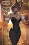  1girl ;d alexandra_athana_(basedbinkie) alternate_costume animal_ears bare_shoulders basedbinkie black_leotard blurry blurry_background bokeh bow bowtie breasts brown_hair burn_scar cleavage commentary cowboy_shot dark-skinned_female dark_skin depth_of_field detached_collar english_commentary english_text hand_on_own_chest highleg highleg_leotard highres large_breasts leotard looking_at_viewer one_eye_closed original pantyhose playboy_bunny rabbit_ears scar scar_across_eye scar_on_arm scar_on_face scar_on_shoulder short_hair smile solo speech_bubble standing strapless strapless_leotard teeth thighband_pantyhose thighs wrist_cuffs yellow_eyes 