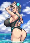  1girl absurdres arm_behind_back arm_up ass back bangs bare_shoulders beach black_swimsuit blue_eyes blue_swimsuit blush breasts bun_cover coffeelove68 fate/grand_order fate_(series) grin hair_bun hair_ribbon highres huge_breasts long_hair looking_at_viewer looking_back miyamoto_musashi_(fate) miyamoto_musashi_(swimsuit_berserker)_(fate) ocean one-piece_swimsuit pink_hair ribbon side_bun sideboob smile solo swept_bangs swimsuit two-tone_swimsuit wading wet wristband 