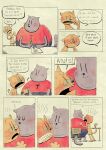 2025 anthro big_jim_(dog_man) black_nose blush bodily_fluids chair clothed clothing comic dog_man_(series) domestic_cat duo english_text eyewear felid feline felis furniture glasses grampa_(dog_man) hi_res kissing male mammal open_mouth overweight purple_body sitting sweat teddyclowns text