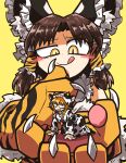  2girls amerika_zarigani animal_costume animal_hands animal_print bangs benikurage_(cookie) black_bow blonde_hair blue_bow blush bow braid brown_hair chinese_zodiac claws closed_mouth commentary_request cookie_(touhou) cow_costume eyebrows_visible_through_hair frilled_bow frilled_hair_tubes frills gloves hair_bow hair_tubes hakurei_reimu highres kirisame_marisa licking_lips long_hair looking_to_the_side mars_(cookie) medium_hair minigirl multiple_girls open_mouth parted_bangs paw_gloves side_braid simple_background single_braid slit_pupils smile tiger_print tongue tongue_out touhou upper_body year_of_the_ox year_of_the_tiger yellow_background yellow_eyes you_gonna_get_eaten 