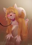  2021 5_fingers absurd_res aniko_rose anthro biped blush breasts canid canine canis collar domestic_dog eyes_closed female fingers fur hi_res high-angle_view humanoid_hands kneeling leash mammal nipples nude shiba_inu small_breasts solo spitz synnfultiger text url white_body white_fur yellow_body yellow_fur young 
