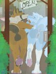 absurd_res against_surface anthro anus ass_on_glass backsack balls balls_on_glass bodily_fluids bowl butt butt_focus canid canine canis claws container digital_media_(artwork) door door_handle doorknob dragon duo ear_piercing ear_ring english_text feet female food foot_on_glass fruit fur furniture furred_dragon furred_scalie genital_fluids genital_focus genitals glass hair hi_res hindpaw holding_arm holding_face horn kissing male male/female mammal mythological_creature mythological_scalie mythology neshi neshi_(character) nude on_glass open_mouth pawpads paws peach_(fruit) piercing plant potion potion_bottle presenting presenting_hindquarters pussy pussy_on_glass ring_piercing scalie shrub smile stairs store tail text toe_claws toes tongue vaginal_fluids yukihana