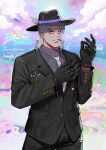  1boy absurdres artist_name beard black_gloves blue_eyes cigarette cloud commentary copyright_name earrings english_commentary facial_hair gloves grey_hair hat highres holding holding_jewelry holding_necklace jewelry jojo_no_kimyou_na_bouken joseph_joestar joseph_joestar_(old) male_focus necklace necktie old old_man stardust_crusaders veela 
