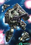  bandai battle beam_rifle cable char&#039;s_counterattack commentary_request company_name copyright_logo copyright_name copyright_notice energy_beam energy_gun explosion firing geara_doga gundam gundam_arsenal_base holding holding_weapon jellyman logo machinery mecha mecha_focus neo_zeon one-eyed realistic red_eyes robot science_fiction shield shoulder_spikes spikes thrusters title weapon zero_gravity 