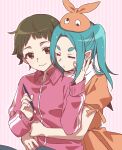  2girls absurdres aqua_hair brown_eyes brown_hair choppy_bangs closed_eyes closed_mouth commentary_request dress expressionless googly_eyes hand_on_another's_face hands_up hat highres holding holding_pen hug hug_from_behind jacket long_hair long_sleeves looking_at_another manimani_(mani_ma) monogatari_(series) multiple_girls nademonogatari ononoki_yotsugi orange_dress orange_hat pen pink_background pink_jacket present_nadeko sengoku_nadeko short_bangs short_eyebrows short_hair short_sleeves sitting smile thick_eyebrows track_jacket twintails 