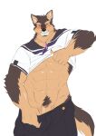  1boy abs absurdres animal_ears bara blush clothes_lift clothes_pull cowboy_shot dog_boy dog_ears dog_tail flaccid furry furry_male highres ioenami large_pectorals lifted_by_self live_a_hero looking_at_viewer male_focus male_pubic_hair muscular muscular_male navel navel_hair nipples no_male_underwear pants pants_pull pectorals penis penis_peek pubic_hair pubraseer_(live_a_hero) sailor sailor_collar sailor_shirt seductive_smile shirt shirt_lift short_hair smile solo stomach tail underpec white_background 