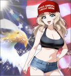 1girl :d american_flag bald_eagle baseball_cap bird black_tank_top blonde_hair blue_eyes breasts cleavage denim denim_shorts devil_jone_qrit eagle girls_und_panzer hand_on_own_hip hat kay_(girls_und_panzer) large_breasts long_hair looking_at_viewer make_america_great_again midriff navel open_mouth red_hat short_shorts shorts smile solo stomach tank_top tongue tongue_out 