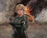 1girl battle blonde_hair blue_eyes blue_sky breasts carpet_bombing cloud cloudy_sky day dreaming earrings empty_eyes explosion explosion_background explosive field fire firing flight_suit floating_hair flower flower_field freckles g-suit green_jumpsuit grey_sky headscarf highres hill jacket jewelry jumpsuit landscape long_hair long_sleeves m4skedboi meadow messy_hair nature olena_bozhuk open_mouth original outdoors petals ribbon rural russo-ukrainian_war scenery shaded_face sky solo standing stuffed_toy teeth town ukraine ukrainian_clothes village war white_headscarf wind wind_lift yellow_flower 