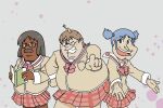 3boys aioi_yuuko aioi_yuuko_(cosplay) animal_on_head bird bird_on_head black_eyes black_hair blue_eyes blue_hair book bow bowtie breast_pocket brown_eyes brown_hair cleveland_brown closed_mouth clover cosplay cube_hair_ornament dark-skinned_male dark_skin dr_awesome facial_hair family_guy fat fat_man four-leaf_clover glasses glenn_quagmire grin hair_ornament highres holding holding_book hyadain_no_kakakata_kataomoi_-_c long_sleeves looking_at_viewer male_focus minakami_mai minakami_mai_(cosplay) mogura_(nichijou) multiple_boys mustache naganohara_mio naganohara_mio_(cosplay) nichijou on_head one_eye_closed open_mouth outstretched_arm parody peter_griffin pink_bow pink_bowtie pocket pointing pointing_at_viewer red_skirt sailor_collar school_uniform semi-rimless_eyewear serafuku shirt short_hair short_twintails skirt smile standing teeth tokisadame_school_uniform twintails under-rim_eyewear upper_teeth_only very_dark_skin white_background winter_uniform 