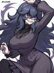  1girl @_@ alternate_breast_size arm_up bags_under_eyes breasts dress fangs hair_between_eyes hairband hex_maniac_(pokemon) highres large_breasts long_hair messy_hair open_mouth plump pokemon pokemon_xy purple_eyes purple_hair purple_hairband smile solo upper_body ylvanne 
