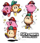  blush_stickers english_commentary green_hat hat highres kirby kirby_(series) looking_at_viewer mario_&amp;_luigi:_superstar_saga mario_&amp;_luigi_rpg mario_(series) multiple_views no_humans one_eye_closed open_mouth red_hat simple_background star_(symbol) waddle_dee white_background ya_mari_6363 