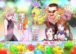 2boys 3girls aerith_gainsborough armor bag bare_shoulders barret_wallace beard belt black_bra black_pants black_shirt black_tank_top blue_eyes blue_leotard bomb_(final_fantasy) bra breastplate breasts brown_belt brown_gloves brown_vest cait_sith_(final_fantasy) cat chocobo cloud_strife crane_(machine) cropped_jacket dog_tags dress earrings elbow_gloves facial_hair fat_chocobo final_fantasy final_fantasy_vii final_fantasy_vii_remake fingerless_gloves furrowed_brow gloves green_eyes hair_ribbon headband holding holding_bag jacket jessie_rasberry jewelry leotard light_smile long_dress medium_breasts moogle multiple_belts multiple_boys multiple_girls open_mouth pants parted_bangs pauldrons pink_dress pink_ribbon ponytail prosthetic_weapon red_eyes red_headband red_jacket ribbon sabotender shaded_face shirt shoulder_armor sidelocks single_bare_shoulder single_earring single_pauldron sleeveless sleeveless_turtleneck sports_bra stuffed_animal stuffed_toy sunglasses suspenders tank_top taruta12 tifa_lockhart turtleneck underwear upper_body vest waving_arm white_shirt wide-eyed 