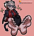  5_toes barefoot black_nails clothing colored_nails demon demon_humanoid eyewear feet female foot_fetish helltaker hi_res horn horned_humanoid humanoid justice_(helltaker) nails not_furry reathroch smile soles solo spade_tail tail text toes url 