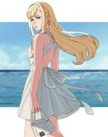  1girl bag blonde_hair dress earrings enelous gigi_andalusia gundam gundam_hathaway&#039;s_flash handbag holding holding_bag jewelry long_hair looking_at_viewer looking_back ocean solo white_bag white_dress wind wind_lift 