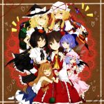  6+girls anger_vein ark_tr box box_of_chocolates candy chocolate cirno food gap_(touhou) gift gift_box group_picture hair_ribbon hakurei_reimu happy_valentine hat hat_ribbon heart highres holding holding_box holding_chocolate holding_food holding_gift holding_popsicle ibuki_suika jewelry kirisame_marisa looking_at_another mob_cap multiple_girls popsicle remilia_scarlet ribbon ring shameimaru_aya short_hair smile stare_down touhou wings yakumo_yukari yuri 