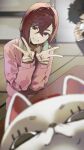  1boy 1girl absurdres ayase_momo black_hair blurry blurry_foreground brown_eyes cardigan cat dandadan depth_of_field double_v earrings glasses hashtag-only_commentary highres ike_0910 indoors jewelry looking_at_viewer opaque_glasses pink_cardigan shirt table takakura_ken_(dandadan) tatami turbo_granny_(dandadan) v white_shirt 
