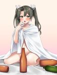  1girl bed_sheet blush bottle censored commentary_request green_eyes green_hair hair_between_eyes hair_ribbon hand_to_own_mouth kantai_collection long_hair looking_at_viewer naked_sheet nude open_mouth ribbon saburou_03 simple_background sitting solo tears twintails white_ribbon zuikaku_(kancolle) 