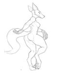  2020 absurd_res anthro bent_leg breasts butt canid canine claws digitigrade eyes_closed feet female fox hand_behind_back hi_res lakeslug mammal nude on_one_leg one_leg_up pawpads raised_leg side_boob side_view simple_background soles solo standing toe_claws white_background 