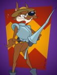 abstract_background alternate_version_at_paywall anthro arm_tuft armor boots bottomless brown_body brown_fur canid canine canis cheek_tuft clothed clothing coyote digital_drawing_(artwork) digital_media_(artwork) don_coyote elbow_tuft facial_hair facial_tuft fangs featureless_crotch footwear fur gavanzude gloves hand_behind_back handwear hat headgear headwear heroic_pose hi_res holding_object holding_weapon lance male mammal melee_weapon mustache polearm shoes signature skinny smug solo teeth the_adventures_of_don_coyote_and_sancho_panda tuft weapon