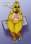  4_fingers absurd_res android anthro anthrofied avian beak bedroom_eyes belly bib big_breasts bird breasts chica_(fnaf) chicken claws eyebrows eyelashes feathers female fingers five_nights_at_freddy&#039;s galliform gallus_(genus) hi_res looking_at_viewer machine mammal mature_female narrowed_eyes navel nipples non-mammal_breasts nude one_eye_closed open_beak open_mouth orange_beak overweight overweight_anthro overweight_female phasianid purple_eyes robot scottgames seductive sitting solo someth1ngoranother tongue video_games wide_hips wide_thighs winged_arms wings wink yellow_body yellow_feathers yellow_nipples 
