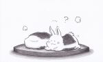  :3 ? animal animal_focus bunny closed_mouth commentary_request food hiraoka_senitsu lying monochrome no_humans on_stomach original plate seaweed shadow simple_background white_background 