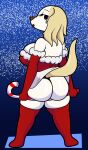  2021 absurd_res aggressive_retsuko anthro big_breasts big_butt blonde_hair blue_background blue_eyes borzoi breasts butt candy candy_cane canid canine canis christmas christmas_clothing clothing curvy_figure dessert digital_media_(artwork) domestic_dog dress eyelashes female fingerless_gloves fingers food fur gloves hair handwear hi_res holidays huge_breasts huge_butt hunting_dog inui_(aggressive_retsuko) looking_at_viewer looking_back mammal sanrio short_hair sighthound simple_background snow snowing solo someth1ngoranother standing thick_thighs voluptuous white_body white_fur wide_hips 