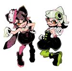  2girls ankle_boots black_boots black_dress black_hair boots bow-shaped_hair callie_(splatoon) collar commentary_request cross-shaped_pupils detached_collar dress earrings fangs full_body gloves gradient_hair green_hair green_pantyhose hand_on_own_hip highres inkling jewelry keijou_(cave) long_hair looking_at_viewer marie_(splatoon) multicolored_hair multiple_girls one_eye_closed open_mouth orange_pupils pantyhose pink_hair pink_pantyhose pointy_ears short_hair simple_background smile splatoon_(series) splatoon_1 standing strapless strapless_dress swept_bangs symbol-shaped_pupils tentacle_hair twintails two-tone_hair very_long_hair white_background white_collar white_gloves yellow_eyes 