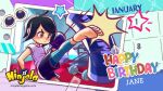  1girl ahoge aqua_leggings barbell barefoot black_shoes blue_gloves blush boxing boxing_gloves brown_eyes calendar_(object) character_name closed_mouth copyright_name emphasis_lines english_commentary exercise_machine frown gloves gym happy_birthday indoors jane_(ninjala) january kicking logo masking_tape ninjala nose official_art outline photo_(object) punching_bag purple_outline purple_shirt purple_sleeves rianti-wong second-party_source shirt shoes short_hair shuriken sportswear star_(symbol) sticker sunglasses tape toes treadmill weapon web_address white-framed_eyewear 