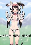  1girl :d animal_collar animal_print bangs bell bikini black_hair blue_sky blurry blurry_background breasts brown_eyes cloud cloudy_sky collar cow_hat cow_print cow_tail day drawstring ear_tag english_text fake_tail happy_new_year highres idolmaster idolmaster_cinderella_girls kneehighs long_hair looking_at_viewer low_twintails medium_breasts nakano_yuka navel neck_bell new_year open_mouth outdoors print_bikini print_legwear print_mittens shinkai_kiiro sky smile solo standing swimsuit tail twintails w_arms white_bikini white_legwear white_mittens 