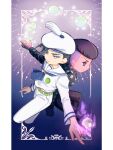  2boys akatsuki19 aura back-to-back belt black_hair blue_eyes checkered_clothes checkered_shirt chibi commentary commentary_request green_belt green_shirt grey_hair hat highres jojo_no_kimyou_na_bouken jojolion kira_yoshikage_(jojolion) kujo_josefumi long_bangs male_focus multicolored_hair multiple_boys pants pointing pompadour purple_eyes sailor sailor_collar sailor_hat sheer_heart_attack shirt soap_bubbles stand_(jojo) two-tone_hair undercut white_hat white_pants white_sailor_collar white_shirt 