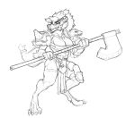  2020 absurd_res accessory anthro armor bone bottomwear braided_hair breasts chest_armor cleavage clothed clothing digitigrade female furgonomics gnoll hair hi_res holding_axe holding_object holding_weapon hyaenid jewelry lakeslug leg_armor legband loincloth looking_aside mammal necklace pauldron simple_background skull solo spikes tail_accessory tailband teeth underbite weapon white_background wide_stance 