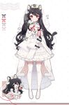  1girl :3 animal_ear_fluff animal_ears arin_(fanfan013) bangs black_hair bridal_veil bride chibi chibi_inset commentary copyright_request dress frilled_dress frills highres long_hair looking_at_viewer red_eyes smile solo tail thighhighs veil very_long_hair wedding_dress white_dress white_legwear 