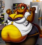 2025 absurd_res anthro belly big_belly big_breasts blush bottomwear bra breasts brown_body brown_fur burger button_(fastener) button_pop chili chili_dog clothing collared_shirt deep_navel digital_media_(artwork) dress_shirt english_text female food fur green_eyes hair hi_res hot_dog hybrid if_hell_had_a_taste leggings legwear mammal mouse murid murine nadine_lloyd navel obese obese_anthro obese_female overweight overweight_anthro overweight_female reptile rodent scales scalie shirt skirt snake solo text thick_thighs topwear underwear ventral_scales viroveteruscy wardrobe_malfunction weight_gain