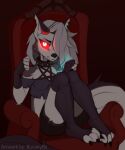  absurd_res anthro buvanybu canid canid_demon canine canis cellphone demon female fur grey_body grey_fur hair hellhound helluva_boss hi_res looking_at_viewer loona_(helluva_boss) mammal phone piercing red_eyes sitting solo spikes white_body white_fur white_hair wolf 