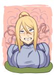  1girl blonde_hair blue_bodysuit blue_eyes blush bodysuit breasts clenched_teeth dyun ear_sex eargasm highres large_breasts long_hair metroid metroid_(classic) mole mole_under_mouth pink_background ponytail restrained rolling_eyes samus_aran snot solo sweat teeth tentacles uncommon_stimulation upper_body zero_suit 