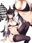  1girl animal_ears arm_support atago_(azur_lane) atago_(stunning_speedster)_(azur_lane) azur_lane bikini black_bikini black_hair black_legwear breasts checkered_flag cleavage collared_shirt commentary english_commentary eyebrows_visible_through_hair eyelashes feet_out_of_frame flag hair_between_eyes hair_ribbon highres holding holding_flag knee_up kukumomo large_breasts long_hair looking_at_viewer looking_to_the_side multiple_views navel official_alternate_costume race_queen ribbon shirt shrug_(clothing) simple_background sitting smile stomach straight_hair swimsuit thighhighs white_background white_ribbon white_shirt wing_collar wrist_cuffs yellow_eyes 