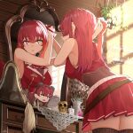 absurdres antique_firearm black_thighhighs firelock flintlock flower gun handgun heterochromia highres hololive houshou_kumarine houshou_marine leaning_forward mirror moto_oji-san plant potted_plant red_hair skull table thighhighs tying_hair vanity_table weapon 