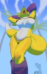 ajoloteidk anthro ball bandai_namco beach_ball big_breasts bikini breasts clothing digimon digimon_(species) duo female golden_week hi_res inflatable low-angle_view open_mouth outside palm_tree plant renamon solo_focus swimwear tail tongue tongue_out tree two-piece_swimsuit wide_hips