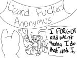 ambiguous_gender antlers blush bodily_fluids cyan_lizard_(rain_world) dialogue embarrassed english_text feral group head_on_hands head_on_paws holding_tail horn lizard_(rain_world) looking_at_another lying monochrome neoncityrain nervous_smile on_front rain_world scavenger_(rain_world) seductive slugcat speech_bubble sweat tail tail_motion tailwag text the_unbound_(neoncityrain) videocult