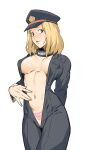  1girl arm_behind_back black_eyes blonde_hair blush boku_no_hero_academia catsuit cowboy_shot dyun hat heart heart_tattoo highres long_sleeves looking_at_viewer medium_hair navel parted_lips plunging_neckline police_hat pubic_tattoo simple_background smile solo spread_navel standing tattoo utsushimi_kemii white_background wide-eyed 