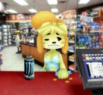  animal_crossing anthro belly breasts canid canine canis circle_k cleavage clothed clothing convenience_store domestic_dog female hair hi_res isabelle_(animal_crossing) mammal messy_hair money monster_energy navel nintendo nipples_through_clothes panties shih_tzu shirt solo tank_top tired tired_eyes topwear toy_dog underwear video_games yiffnotgif 