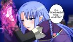  1girl angry blue_eyes blue_hair blush bound bound_wrists braid crying fate/stay_night fate_(series) gloves kuragi_tutu long_hair long_sleeves looking_at_viewer medea_(caster)_(fate) medea_(fate) pointy_ears role_reversal scene_reference side_braid solo speech_bubble talking 