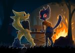 2024 anthro anus backsack balls biped black_body black_nose bottomwear bottomwear_down butt campfire canid canine clothed clothing domestic_cat duo felid feline felis female forest fox furniture galo genitals gregg_lee head_tuft hi_res looking_at_another looking_at_viewer looking_back looking_back_at_viewer mae_borowski male male/female mammal night night_in_the_woods notched_ear open_mouth orange_body pants pants_down partially_clothed plant presenting presenting_hindquarters raised_tail rear_view red_eyes table tail teeth tongue tree tuft whiskers