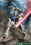  bandai cloud cloudy_sky commentary_request company_name copyright_logo copyright_name copyright_notice debris energy_sword extra_eyes gundam gundam_arsenal_base gundam_gquuuuuux holding holding_sword holding_weapon machinery mecha mecha_focus mobile_suit no_humans official_art purple_eyes realistic robot science_fiction sky smoke solo sword sword_on_back title tomo_(machinemess) v-fin weapon weapon_on_back white_gundam 