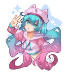  1girl 2025 :o \||/ animal_hat aqua_eyes aqua_hair bright_pupils cat_hat collarbone commentary cowlick cropped_torso dated double-parted_bangs drawstring fortnite gradient_hair hair_between_eyes hair_ornament halftone hand_up hat hatsune_miku headphones headset highres hood hood_down hoodie layered_sleeves long_hair long_sleeves looking_at_viewer midriff multicolored_hair neko_hatsune_miku open_mouth pink_hair pink_hat pink_hoodie sandragh short_over_long_sleeves short_sleeves simple_background solo sparkle sparkle_background tongue twintails two-tone_hair very_long_hair vocaloid watermark white_background white_hood white_pupils 