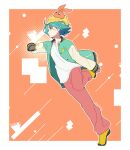  1girl absurdres beanie border closed_mouth commentary_request floating_clothes floating_hair glowing green_eyes green_jacket hand_up hat highres jacket leg_up manimani_(mani_ma) monogatari_(series) nademonogatari ononoki_yotsugi open_clothes open_jacket orange_background orange_hat pants pink_pants profile shirt shoes short_eyebrows short_hair solo standing standing_on_one_leg thick_eyebrows white_border white_shirt yellow_hat yellow_shoes 