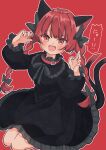  1girl absurdres animal_ears bangs black_dress blush braid cat_ears cat_tail claw_pose dress extra_ears fang frilled_dress frilled_sleeves frills highres kaenbyou_rin long_hair long_sleeves multiple_tails nekomata open_mouth puffy_long_sleeves puffy_sleeves red_background red_eyes red_hair sabatuki simple_background solo tail touhou twin_braids 