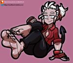 5_toes barefoot black_nails breasts clothed clothing colored_nails demon demon_humanoid feet female fingerless_gloves foot_fetish gloves handwear helltaker hi_res horn horned_humanoid humanoid justice_(helltaker) nails not_furry open_clothing open_shirt open_topwear reathroch shirt smile soles solo spade_tail tail text toes topwear 